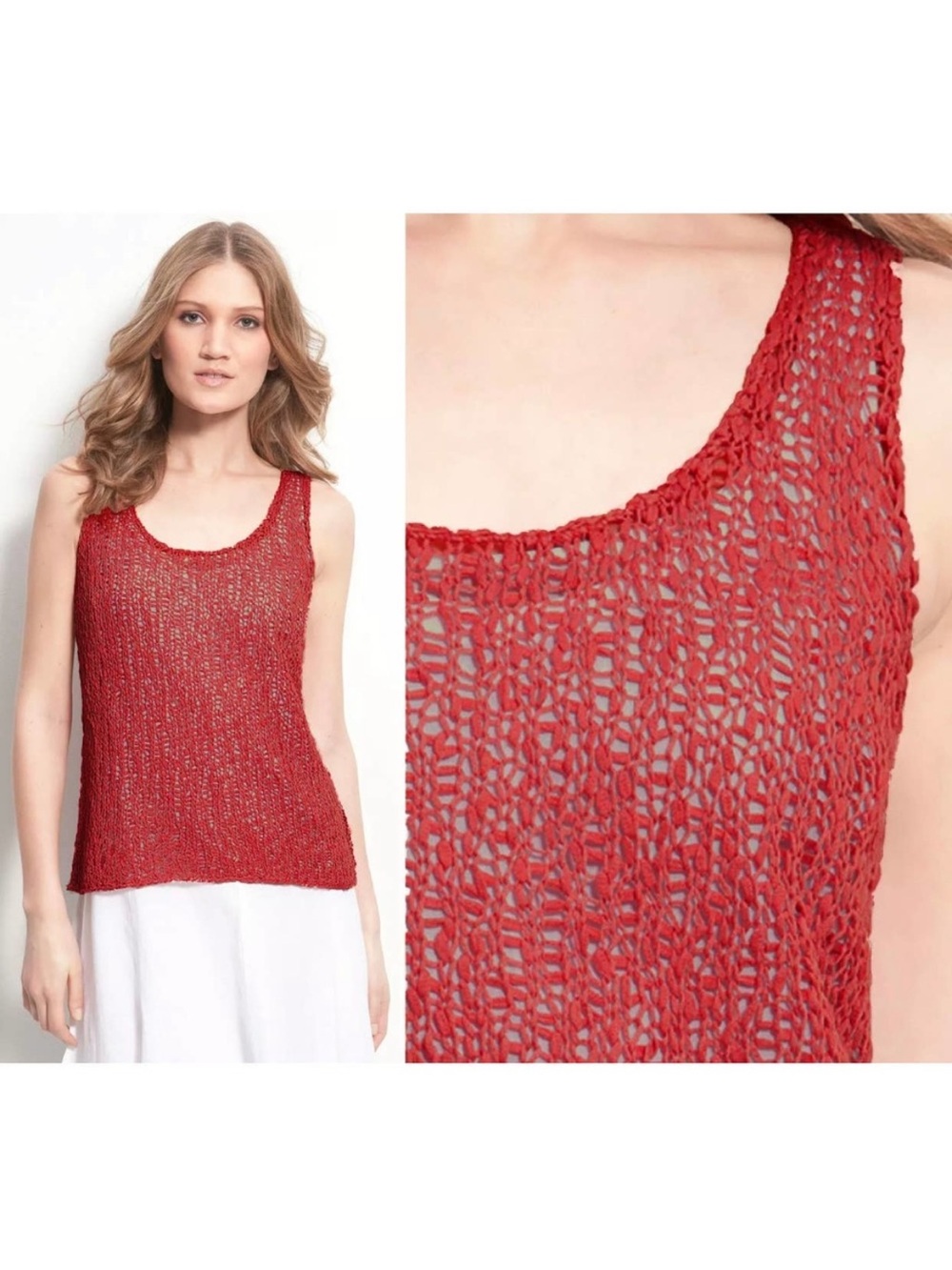Eileen Fisher Cotton Tape Nubble Tank Top Open Knit U Neck Stretchy Layering L